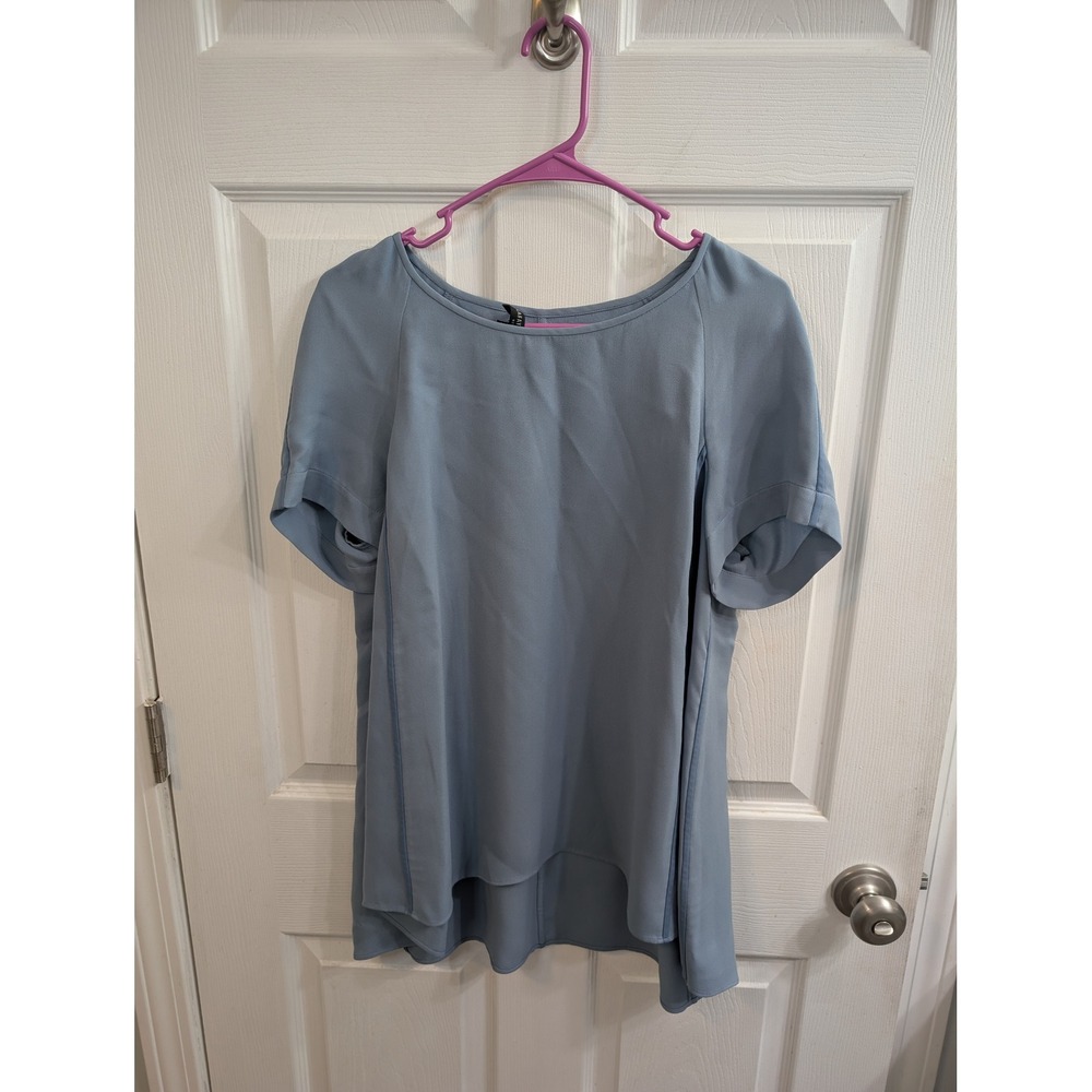 Lafayette 148 New York Silk Blouse Womens Blue Short Flutter Sleeve Top - Size M